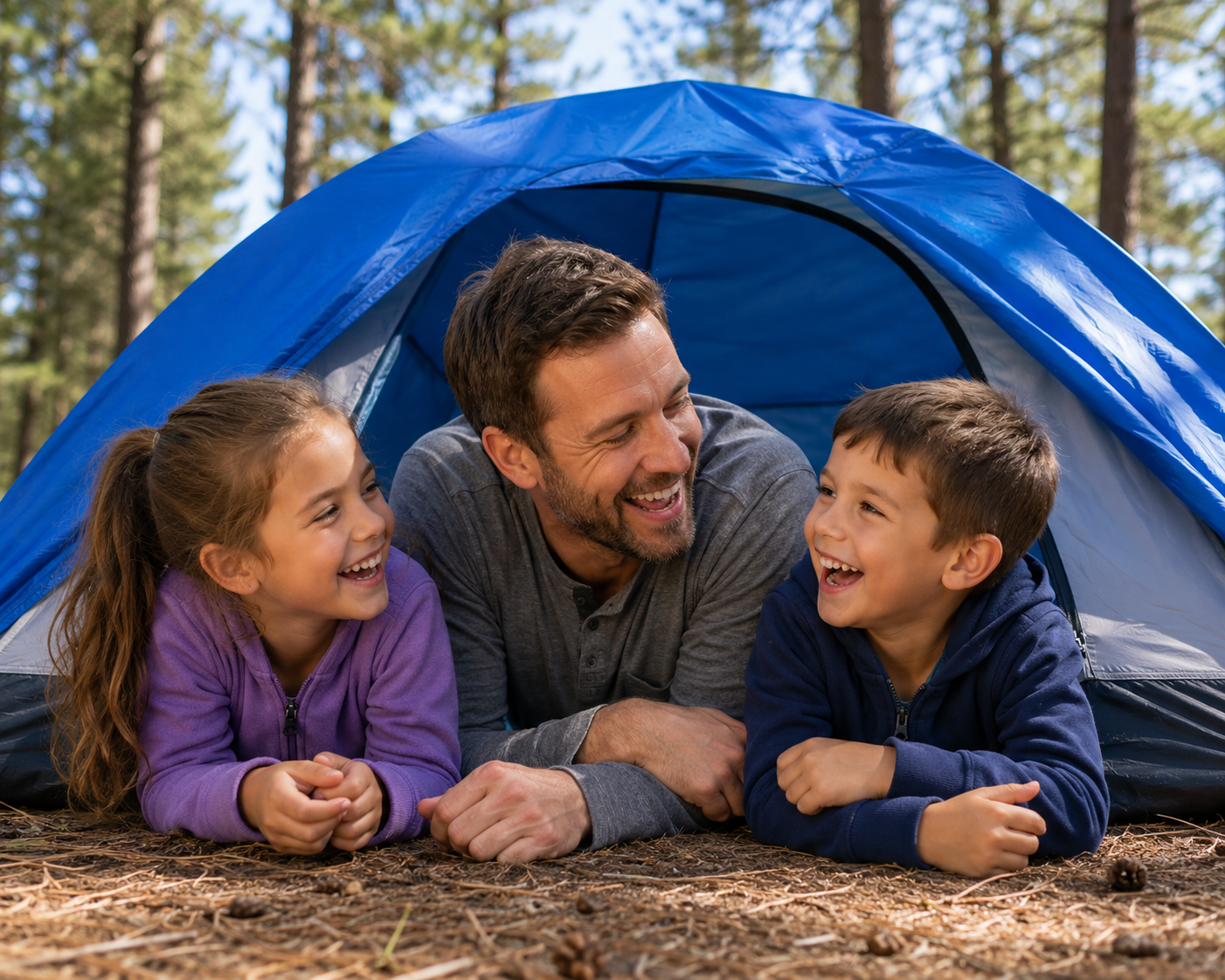 Father with young daughter and son laughing together outside a blue camping tent surrounded by trees at a campground membership resort.