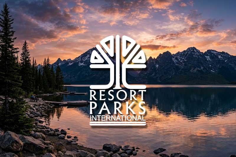 A mountain landscape and lake background are overlaid with the "Resort Parks International" text and tree logo.
