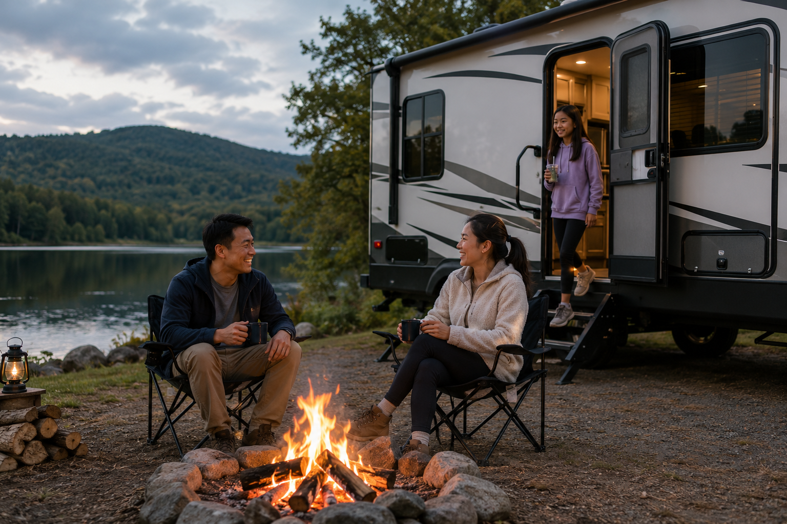 Asian couple sitting in folding chairs around a campfire beside a luxury RV while their daughter steps out of the RV holding a drink, with a scenic lake, forested hills, and light clouds in the background