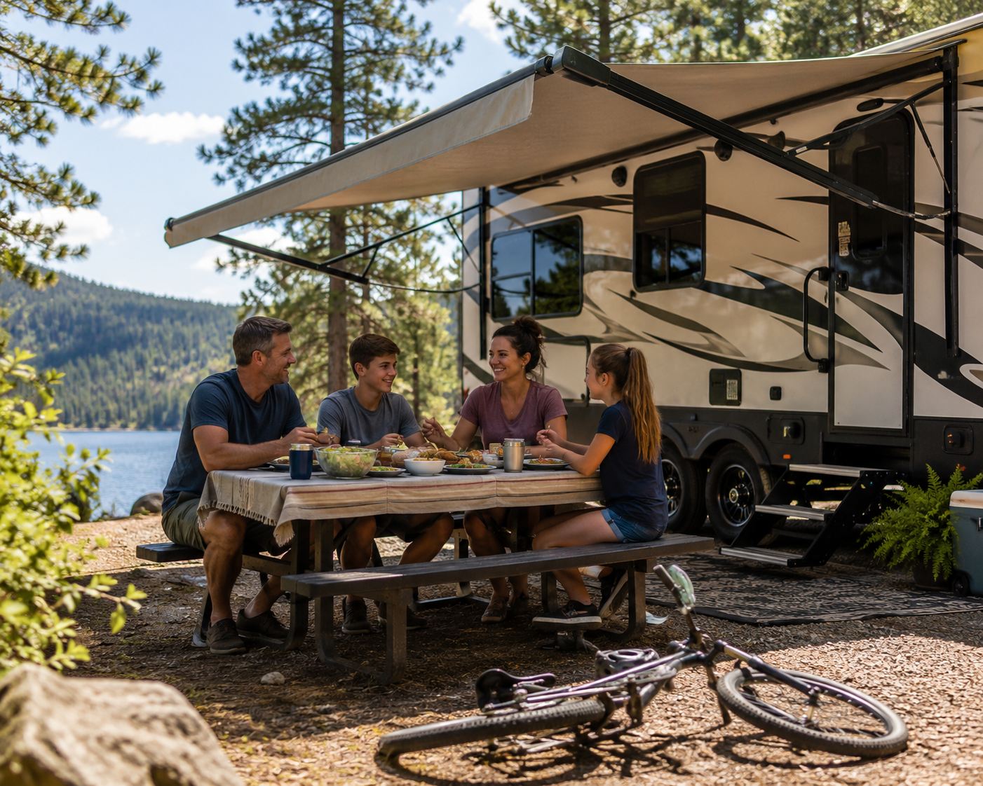 Family of four enjoying a meal at a picnic table under an RV awning at a scenic campground, with a father, mother, teenage son, teenage daughter, and bicycle nearby.