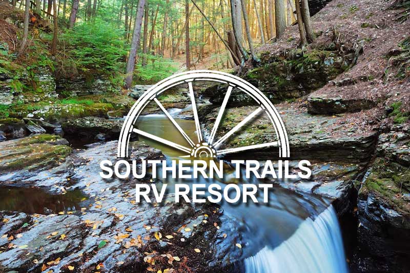 A stylized Southern Trails RV Resort logo badge on a clean background, representing pre-owned campground membership resale options for nationwide RV travel.